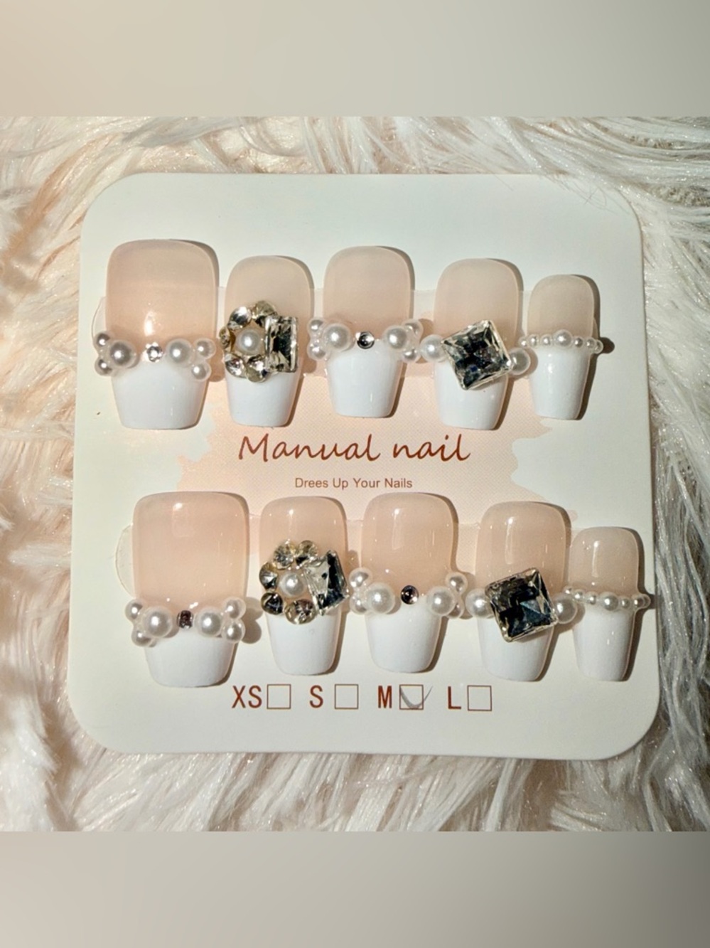 French Tip Press On Nails Custom Made accents of Pearl & Rhinestones Size Med